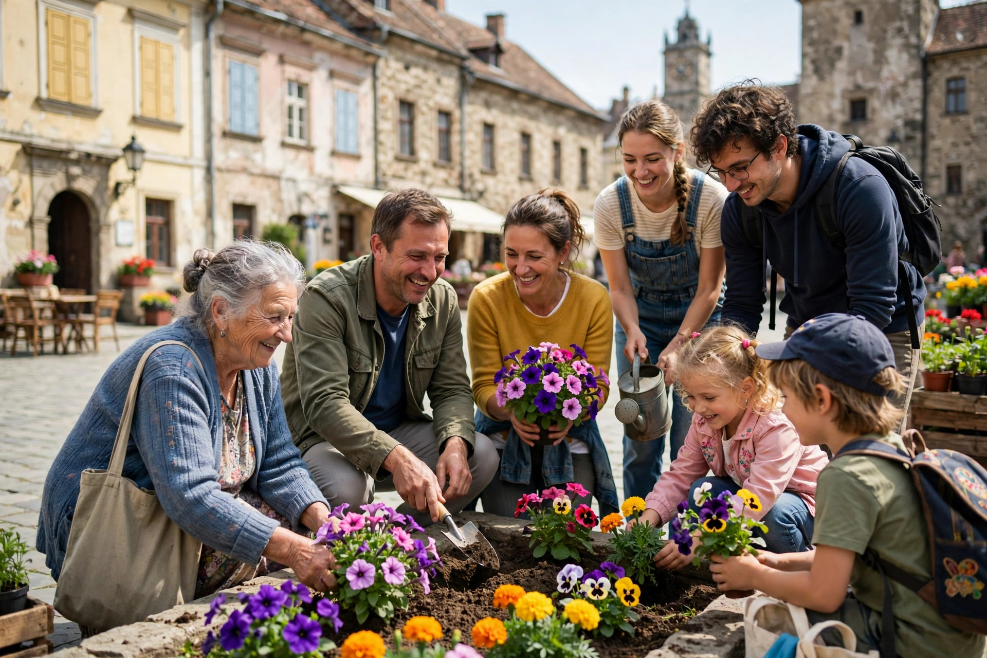 Familie de voluntari moldoveni plantând flori împreună